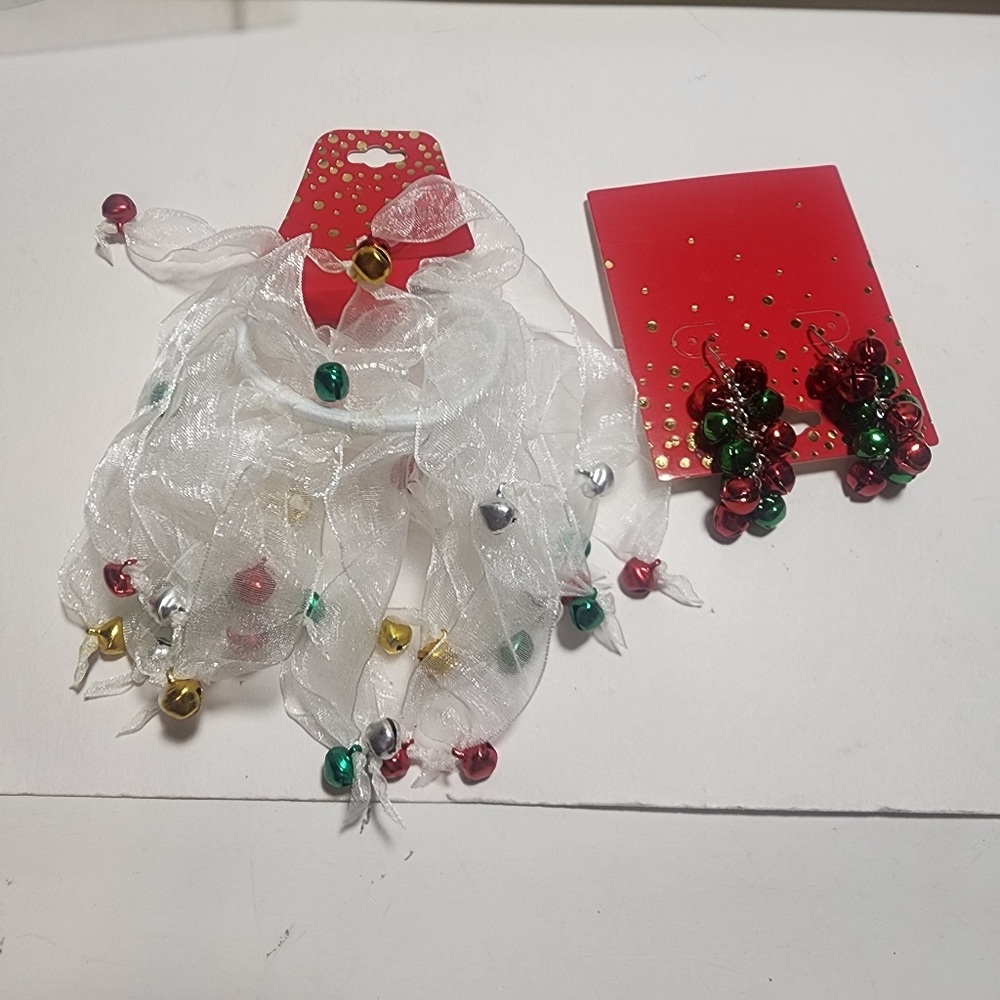 MINI JINGLE BELL HAIR TIE PONYTAIL AND BELL EARRINGS CHRISTMAS HOLIDAY SET